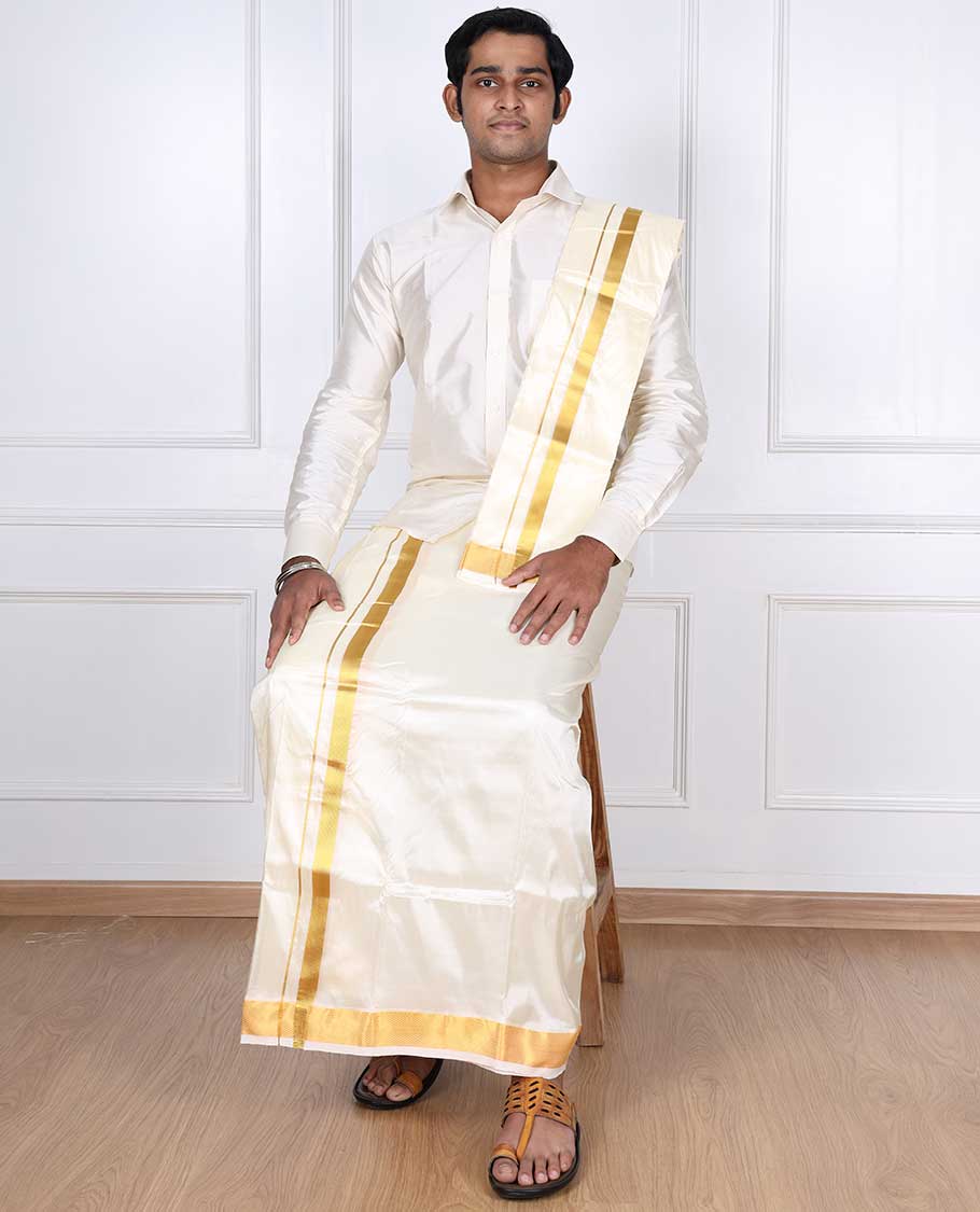 Cream zari border puresilk & polyester mix double-layer dhoti with angavastram