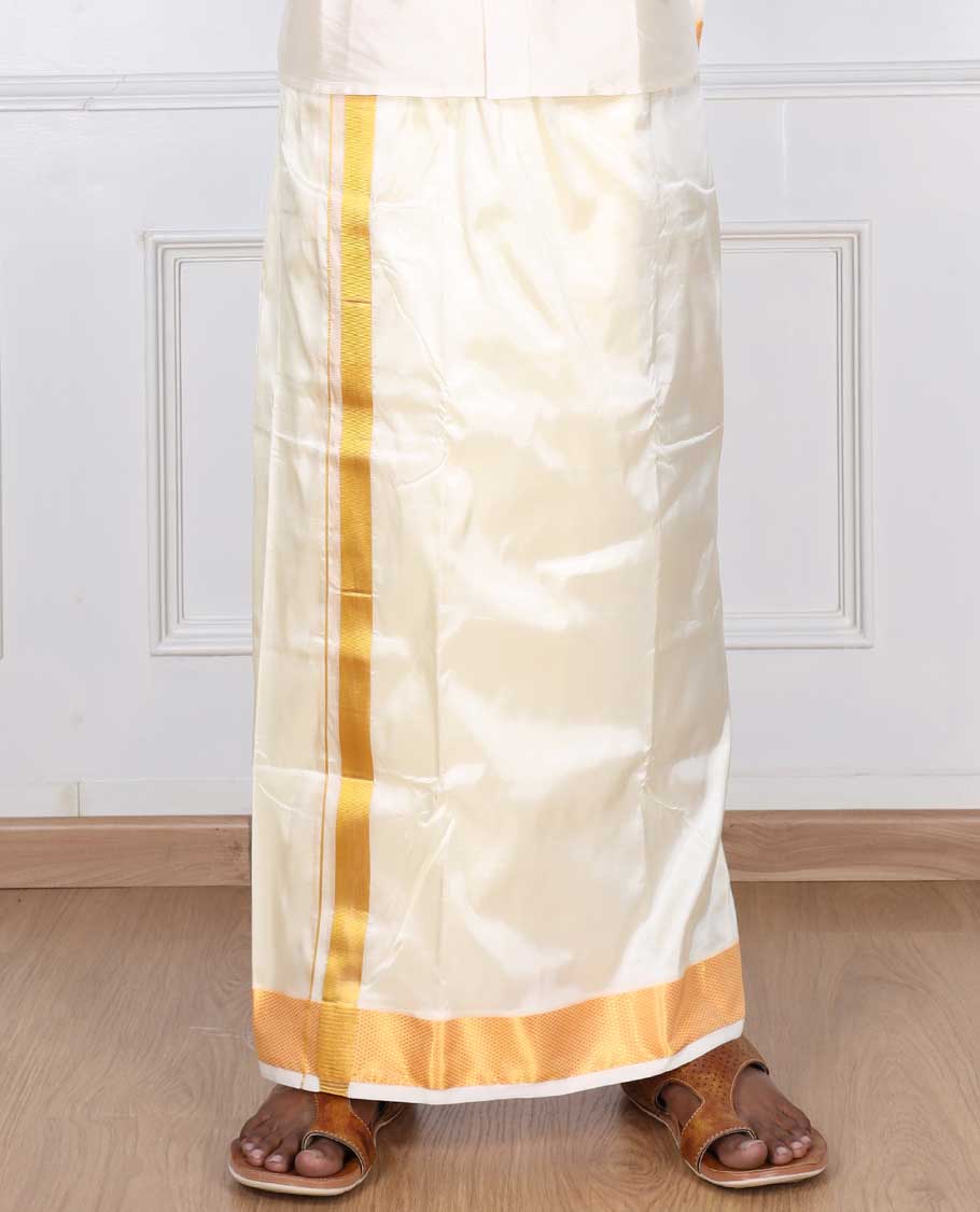 Cream zari border puresilk & polyester mix double-layer dhoti with angavastram