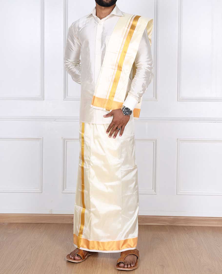 Cream zari border puresilk & polyester mix double-layer dhoti with angavastram