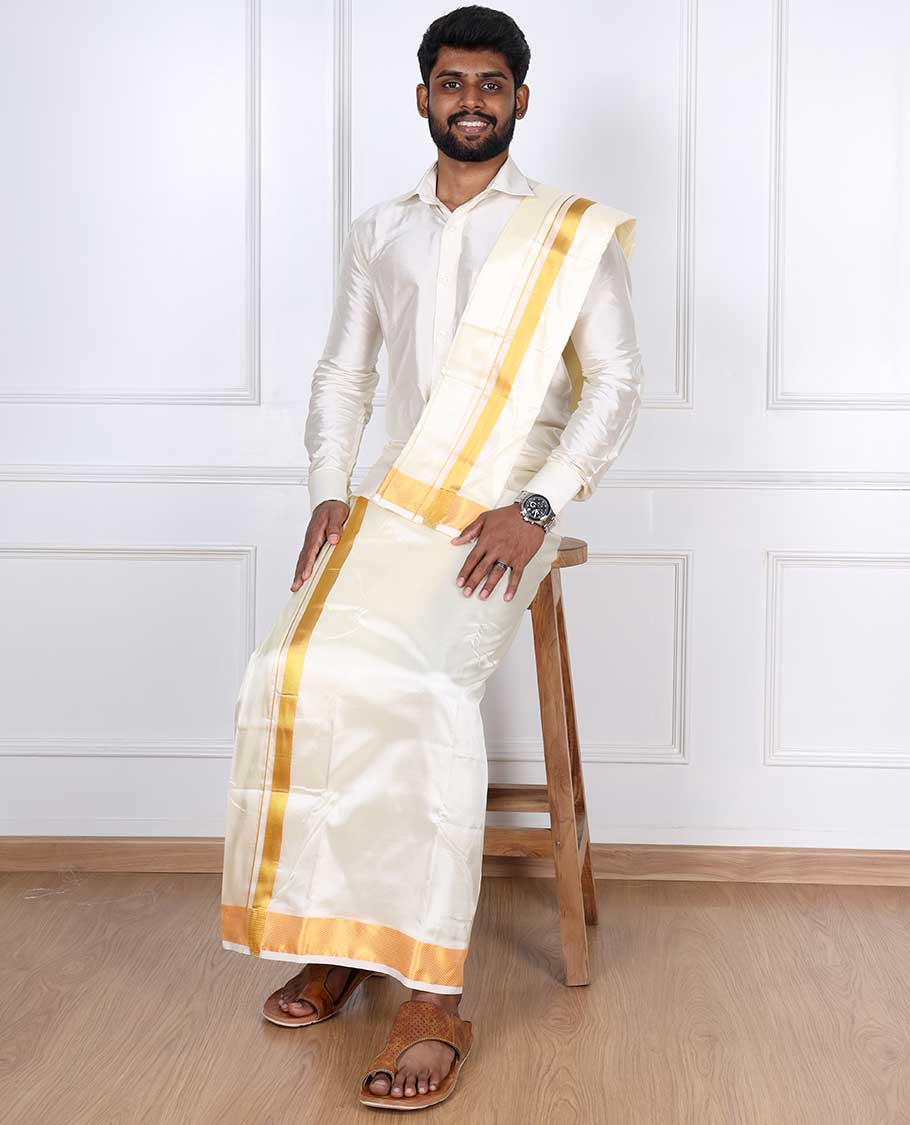 Cream zari border puresilk & polyester mix double-layer dhoti with angavastram