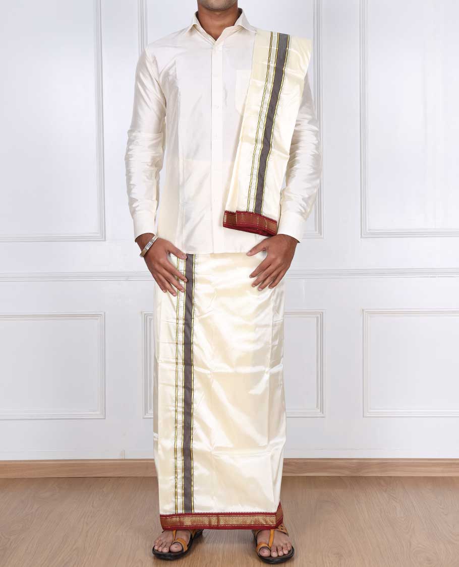 Cream puresilk & polyester mix double-layer dhoti & angavastram with contrast red traditional zari border