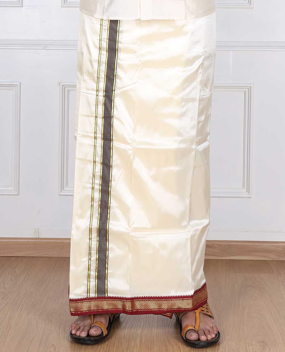 Cream puresilk & polyester mix double-layer dhoti & angavastram with contrast red traditional zari border