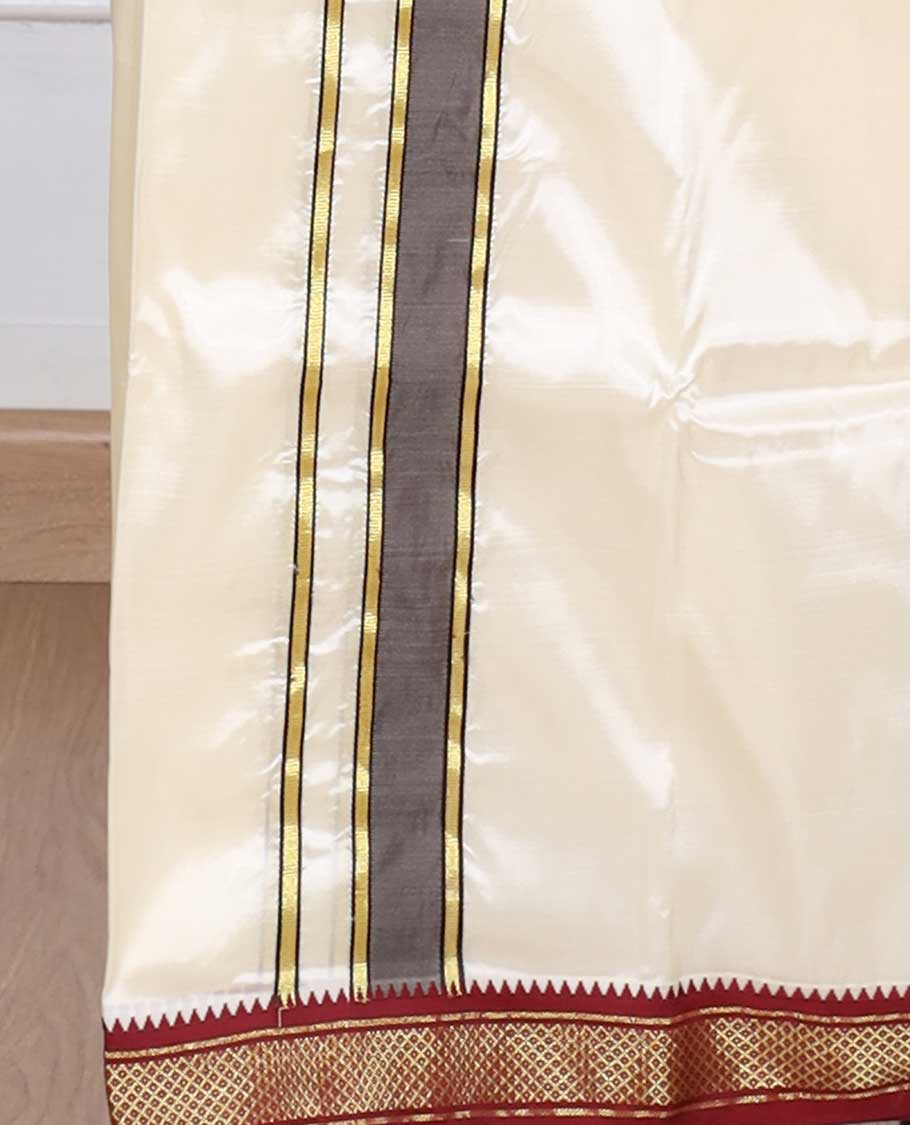 Cream puresilk & polyester mix double-layer dhoti & angavastram with contrast red traditional zari border