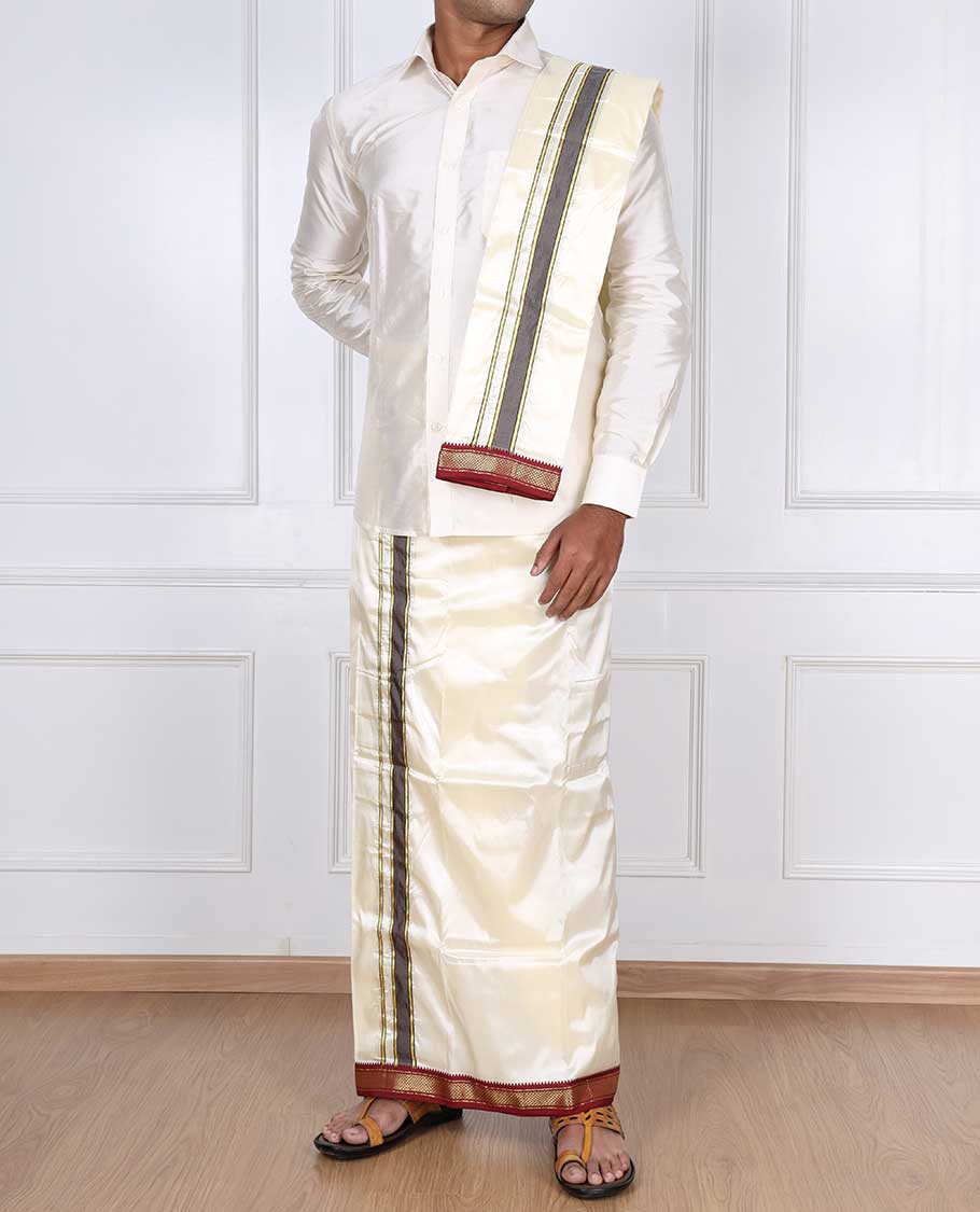 Cream puresilk & polyester mix double-layer dhoti & angavastram with contrast red traditional zari border