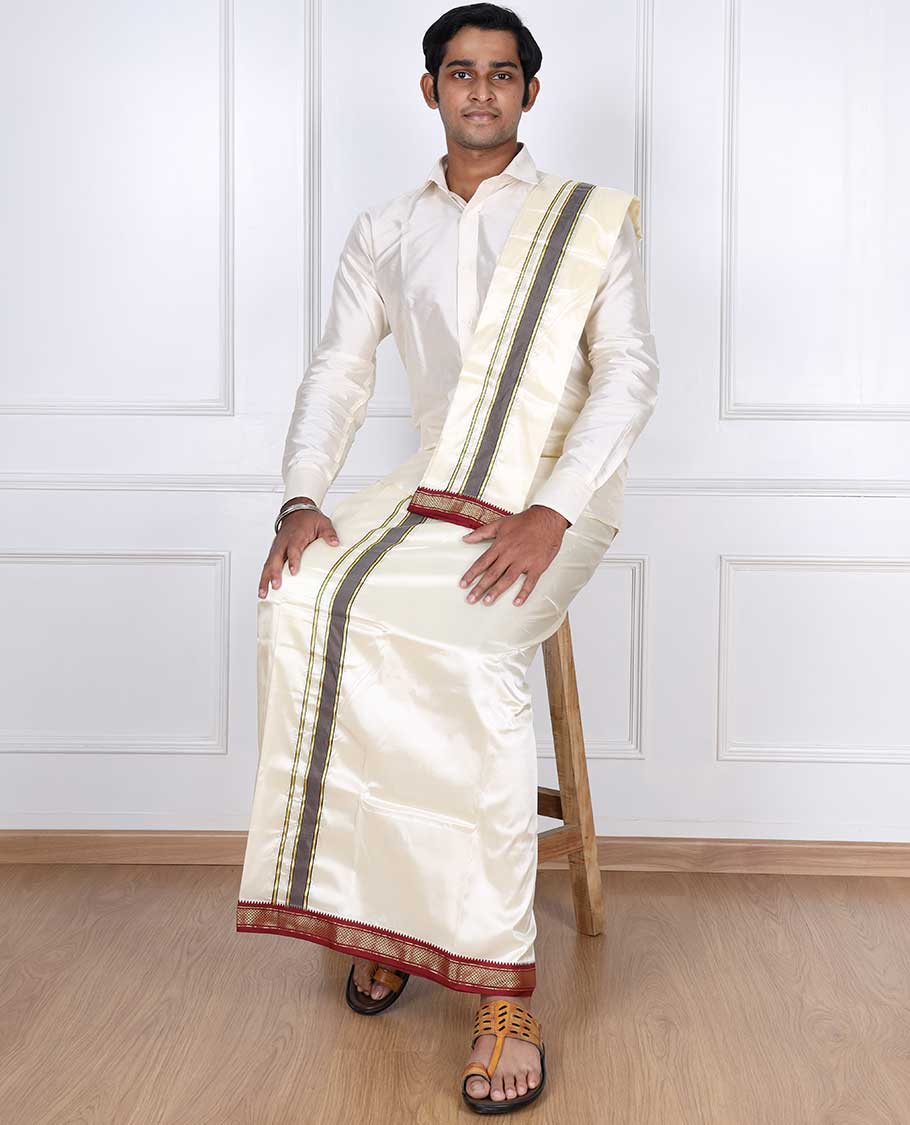 Cream puresilk & polyester mix double-layer dhoti & angavastram with contrast red traditional zari border