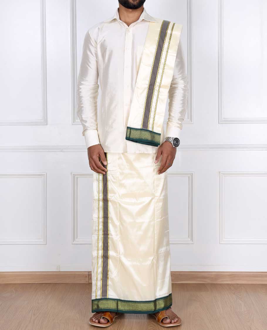 Cream puresilk & polyester mix double-layer dhoti & angavastram with contrast traditional border