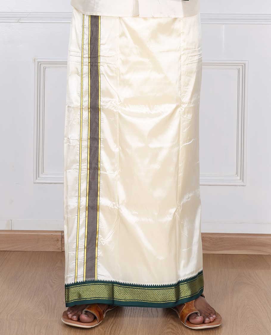 Cream puresilk & polyester mix double-layer dhoti & angavastram with contrast traditional border