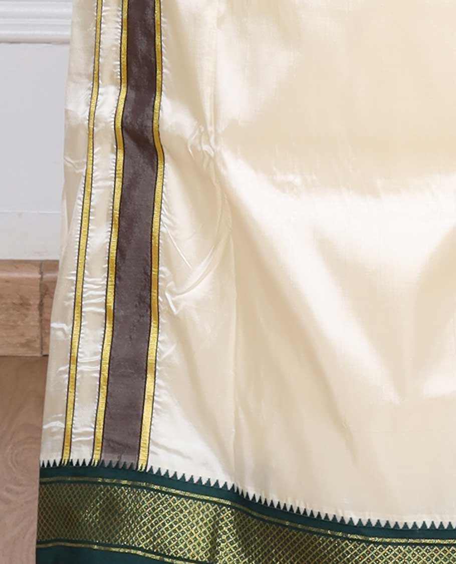 Cream puresilk & polyester mix double-layer dhoti & angavastram with contrast traditional border
