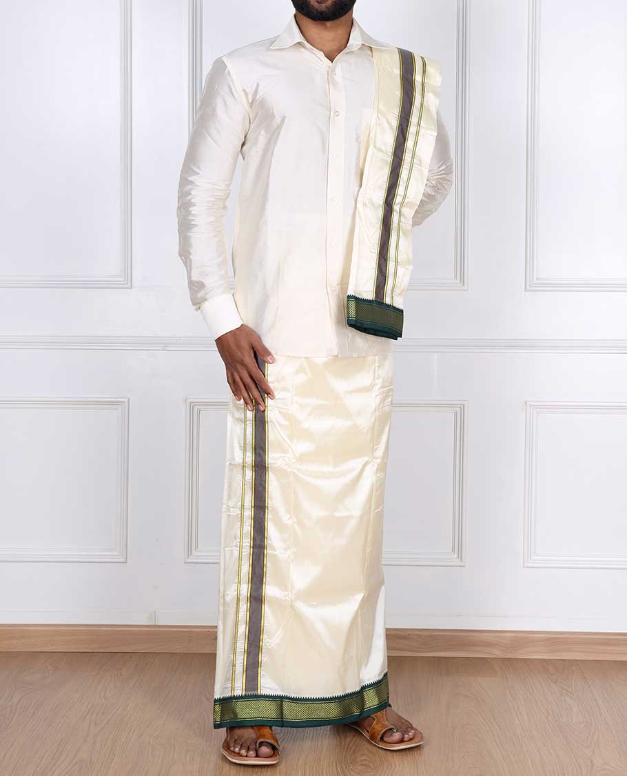 Cream puresilk & polyester mix double-layer dhoti & angavastram with contrast traditional border
