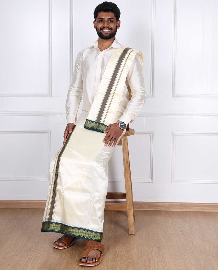 Cream puresilk & polyester mix double-layer dhoti & angavastram with contrast traditional border