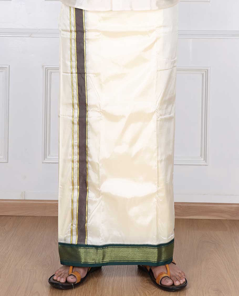 Cream puresilk & polyester mix double-layer dhoti & angavastram with contrast traditional zari border