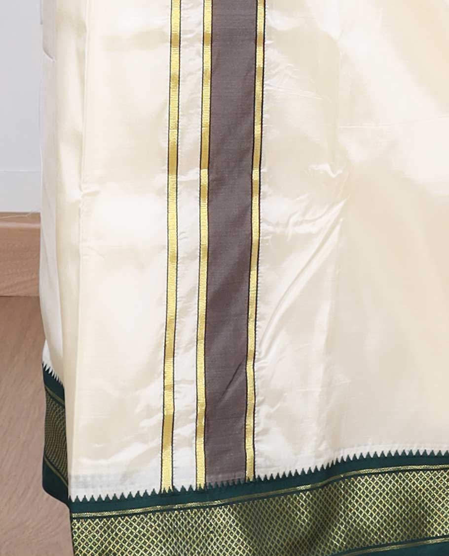 Cream puresilk & polyester mix double-layer dhoti & angavastram with contrast traditional zari border