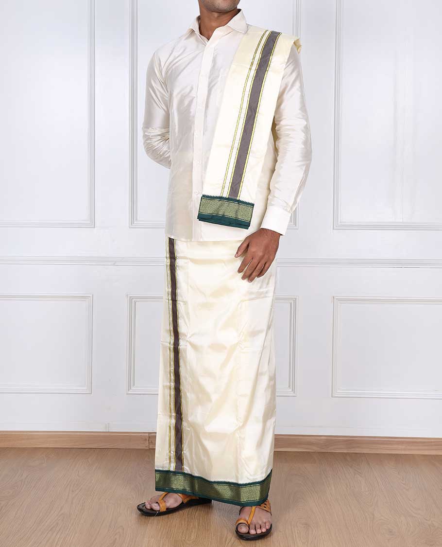 Cream puresilk & polyester mix double-layer dhoti & angavastram with contrast traditional zari border