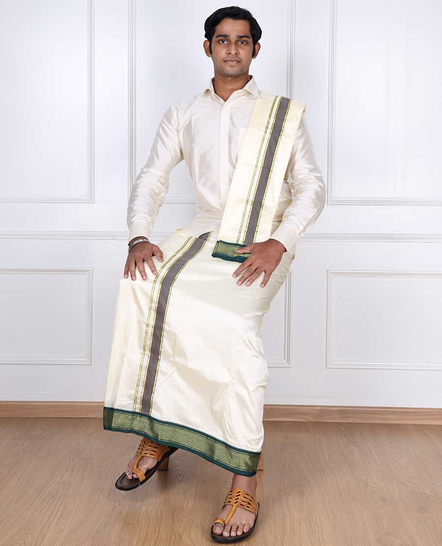 Cream puresilk & polyester mix double-layer dhoti & angavastram with contrast traditional zari border