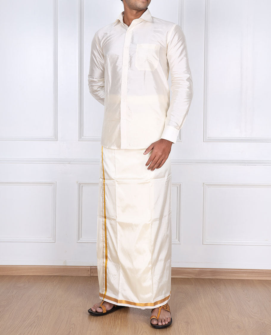 Cream zari border double-layer art silk casual wear dhoti