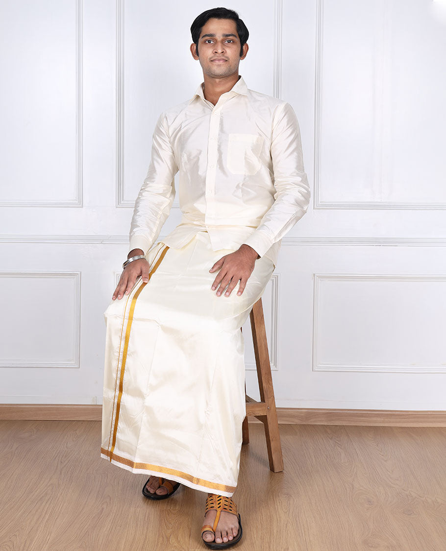 Cream zari border double-layer art silk casual wear dhoti