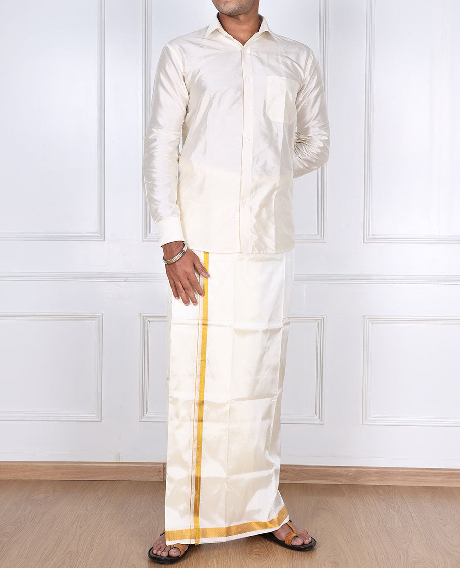 Cream zari border double-layer art silk casual wear dhoti