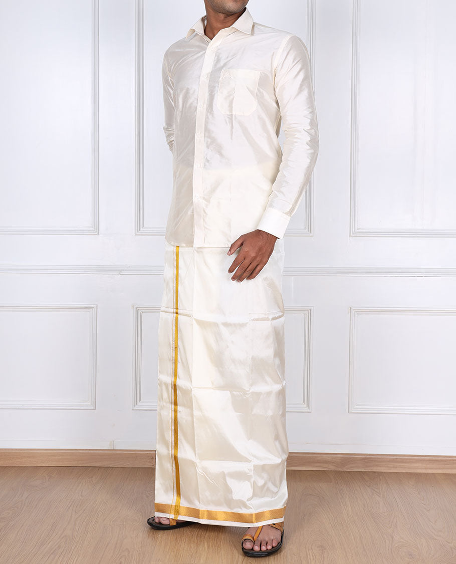 Cream zari border double-layer art silk casual wear dhoti