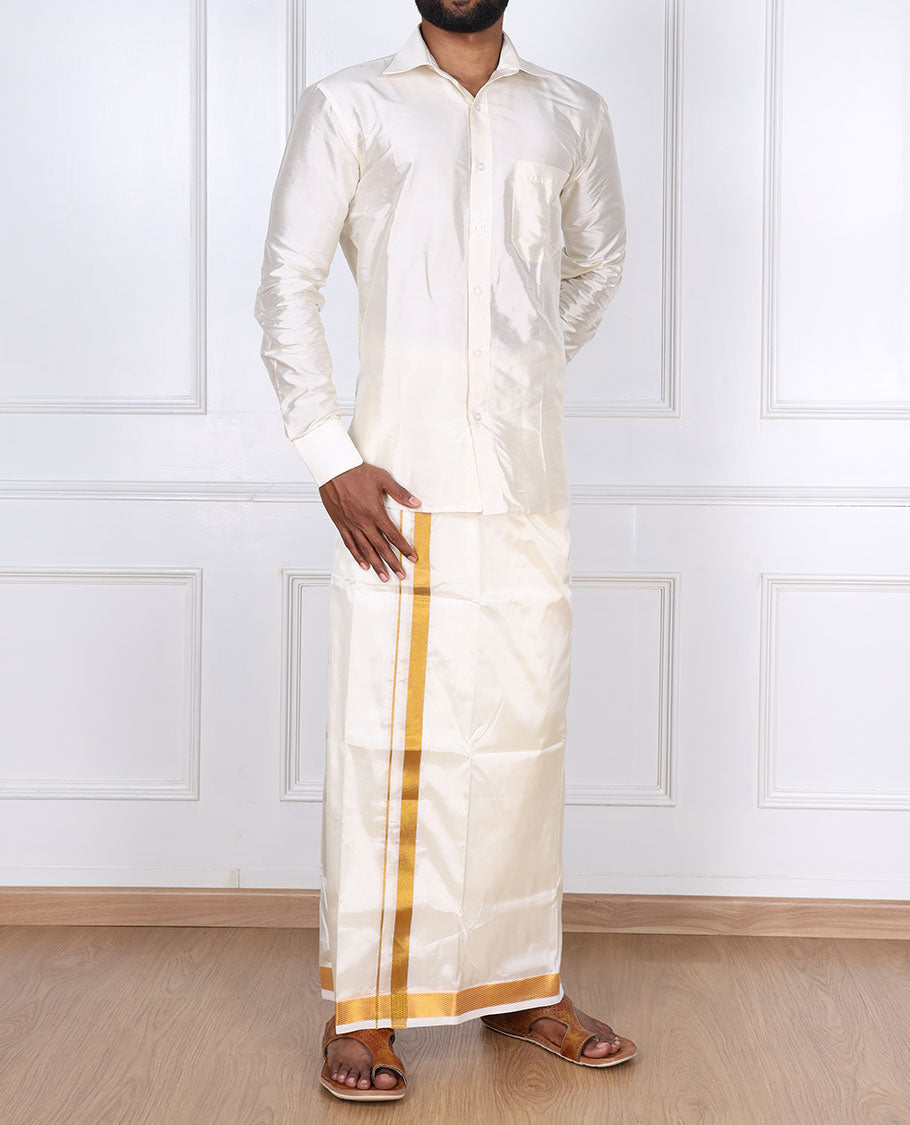Cream zari border double-layer art silk casual wear dhoti