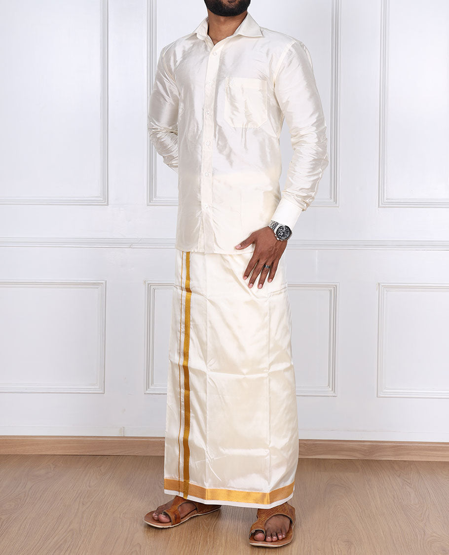Cream zari border double-layer art silk casual wear dhoti