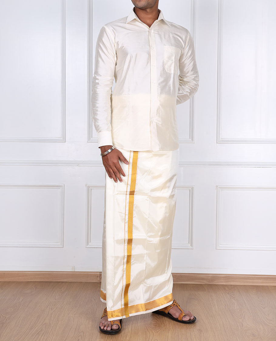 Cream zari border double-layer art silk casual wear dhoti