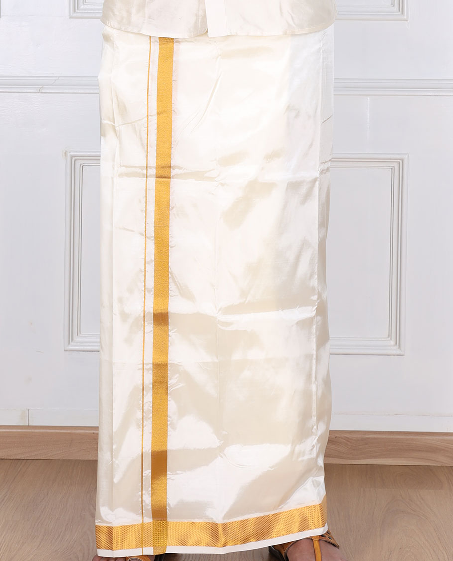 Cream zari border double-layer art silk casual wear dhoti