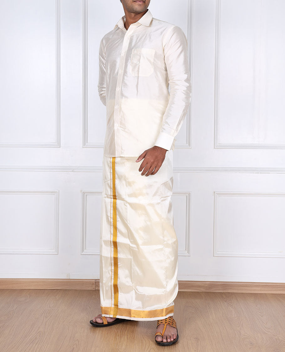 Cream zari border double-layer art silk casual wear dhoti