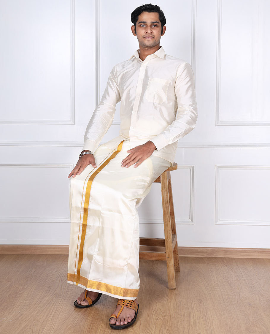 Cream zari border double-layer art silk casual wear dhoti