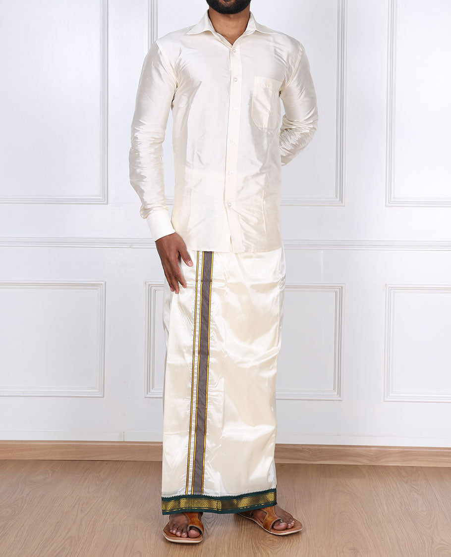 Cream art silk dhoti with contrast green zari border