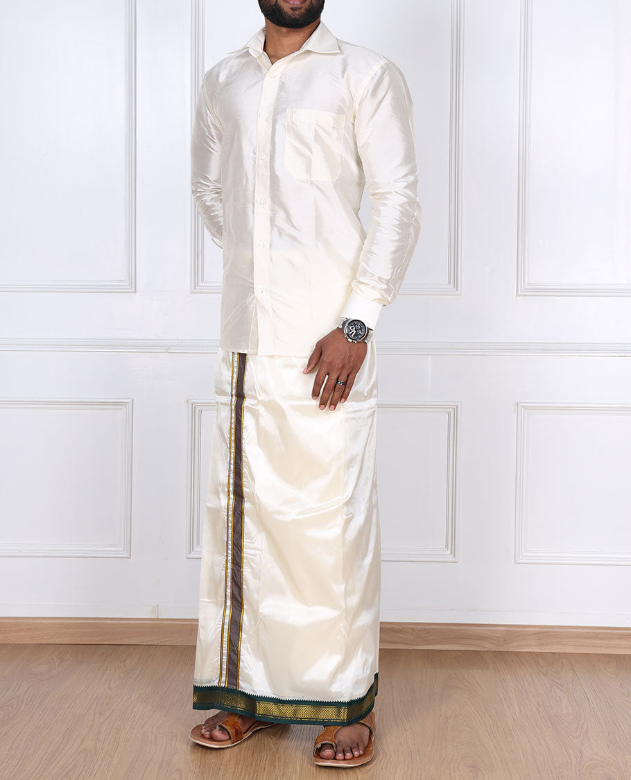 Cream art silk dhoti with contrast green zari border