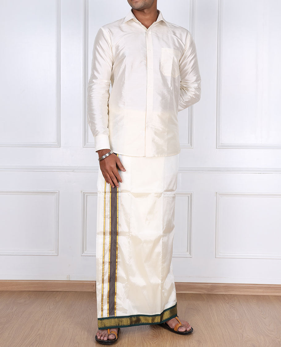Cream art silk double-layer dhoti with contrast green gold zari border