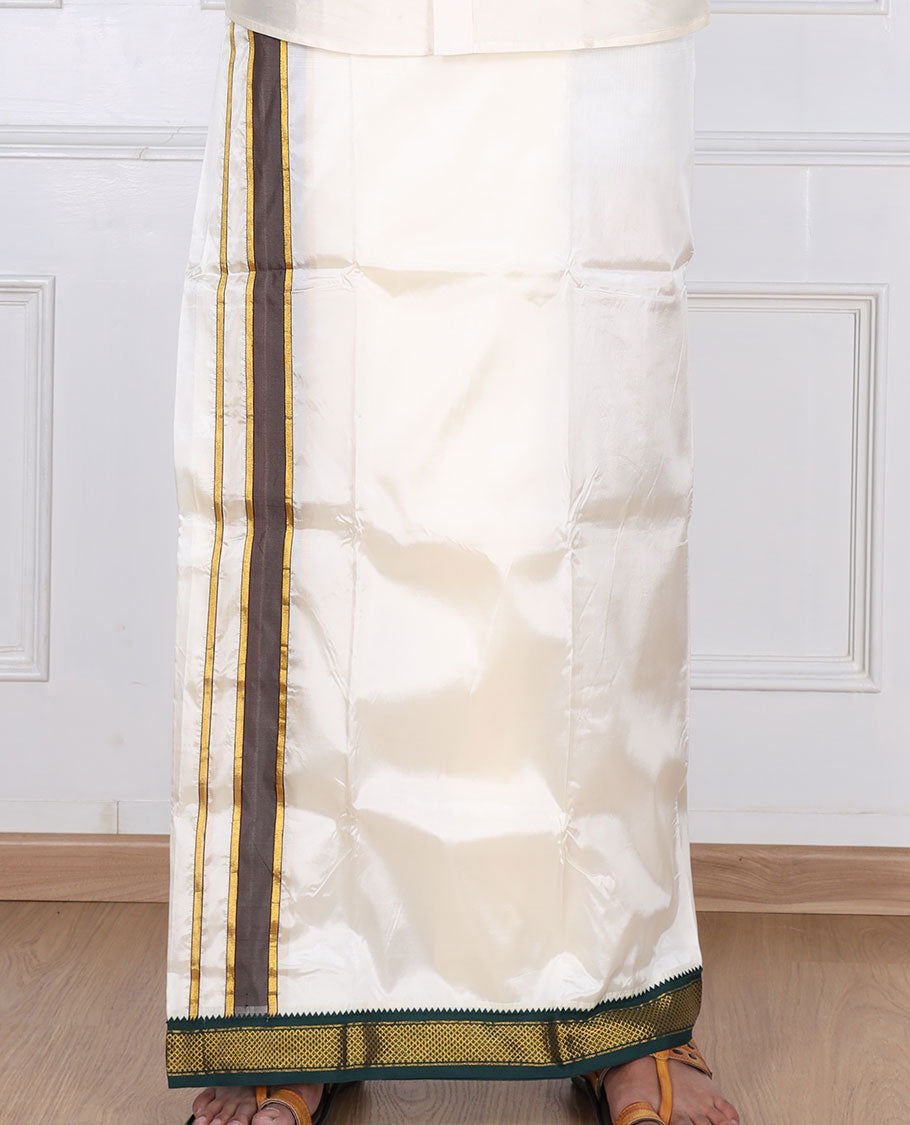 Cream art silk double-layer dhoti with contrast green gold zari border