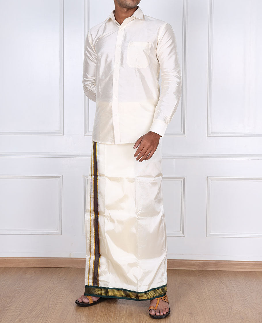 Cream art silk double-layer dhoti with contrast green gold zari border