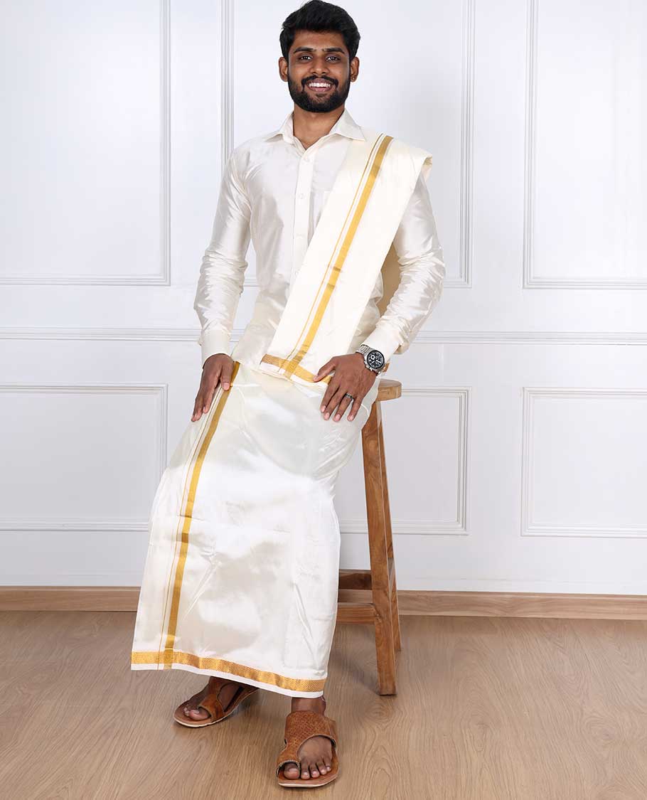 Cream art silk gold zari border double-layer dhoti with angavastram