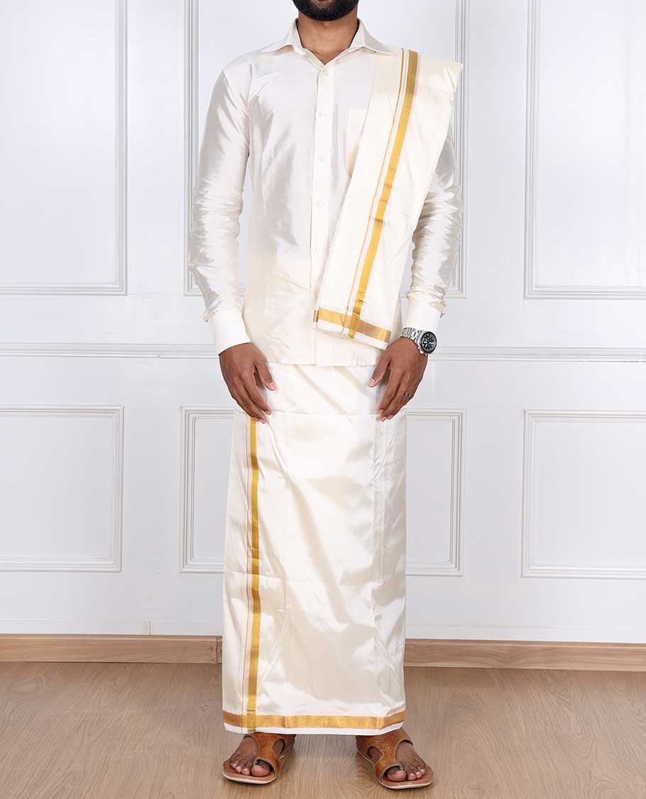 Cream art silk gold zari border double-layer dhoti with angavastram