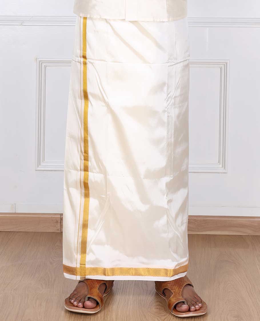 Cream art silk gold zari border double-layer dhoti with angavastram