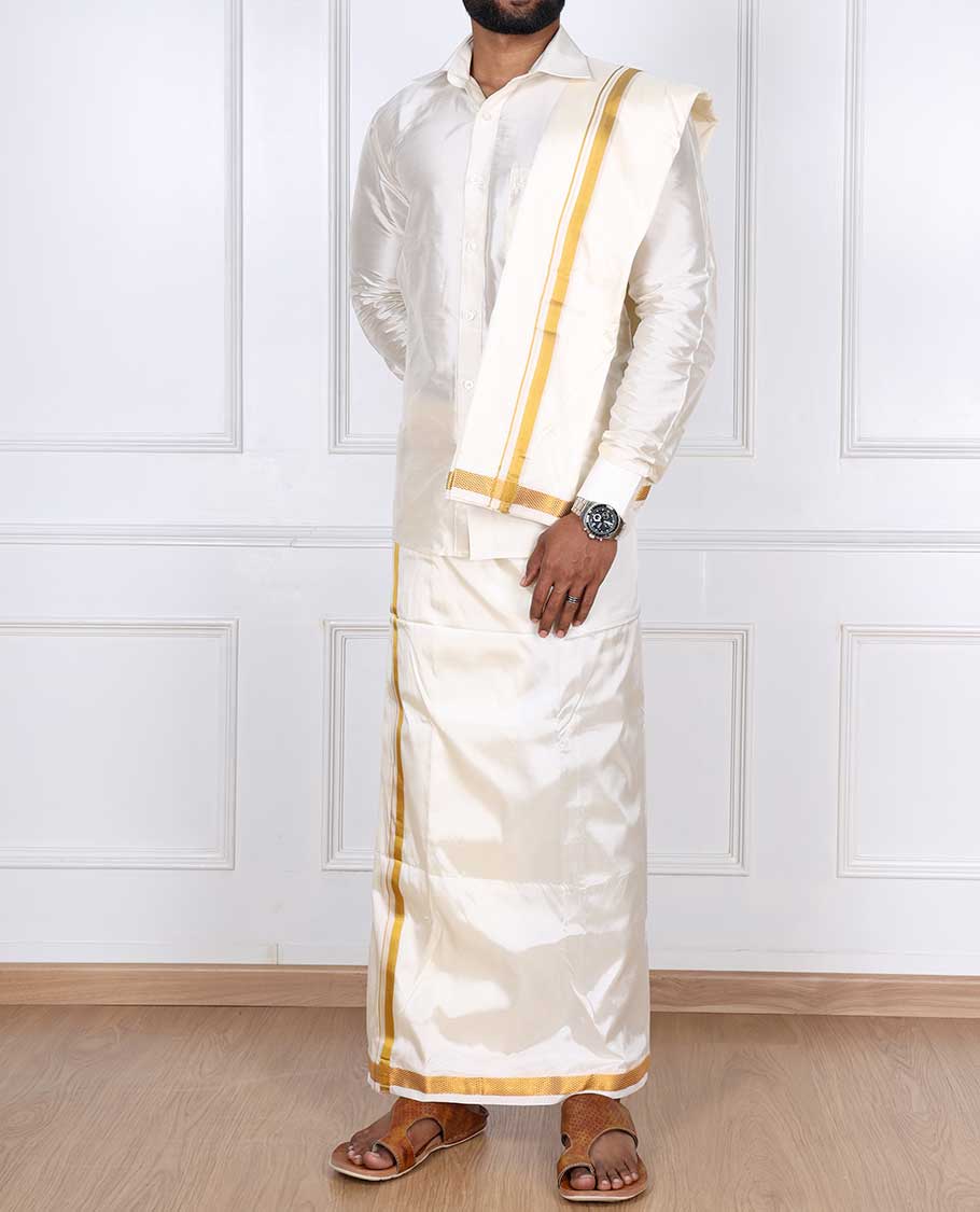 Cream art silk gold zari border double-layer dhoti with angavastram