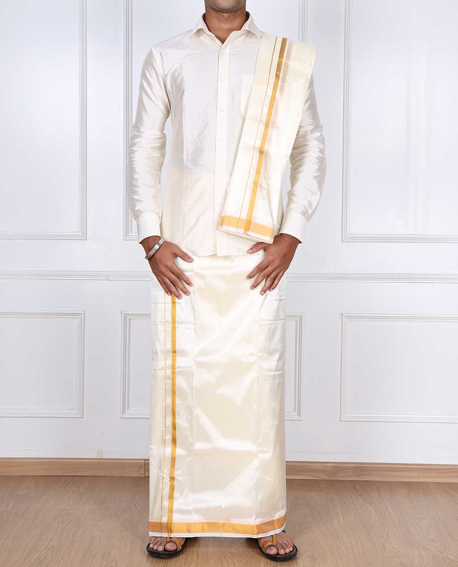 Cream art silk gold zari border double-layer dhoti & angavastram