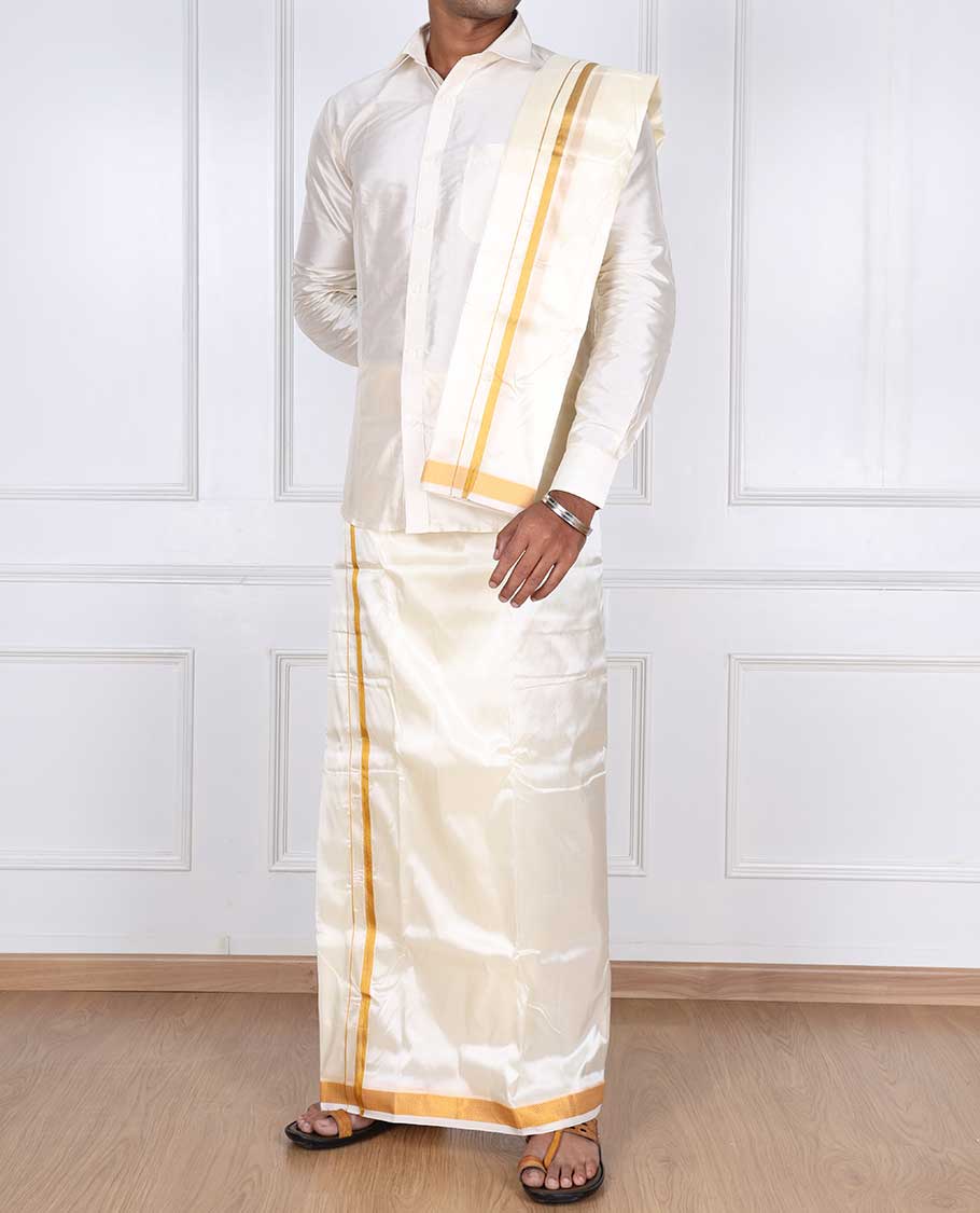 Cream art silk gold zari border double-layer dhoti & angavastram