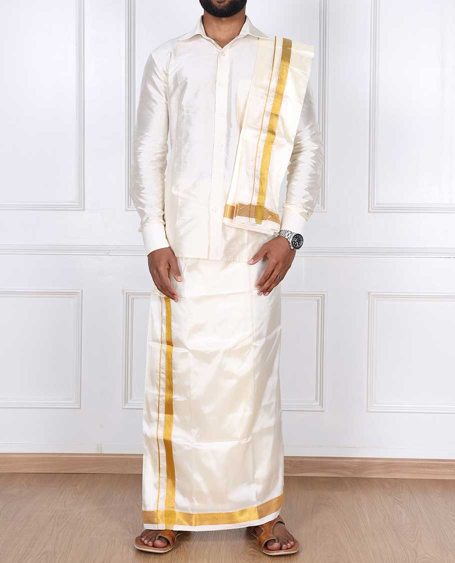 Butter cream art silk gold zari border double-layer dhoti & angavastram