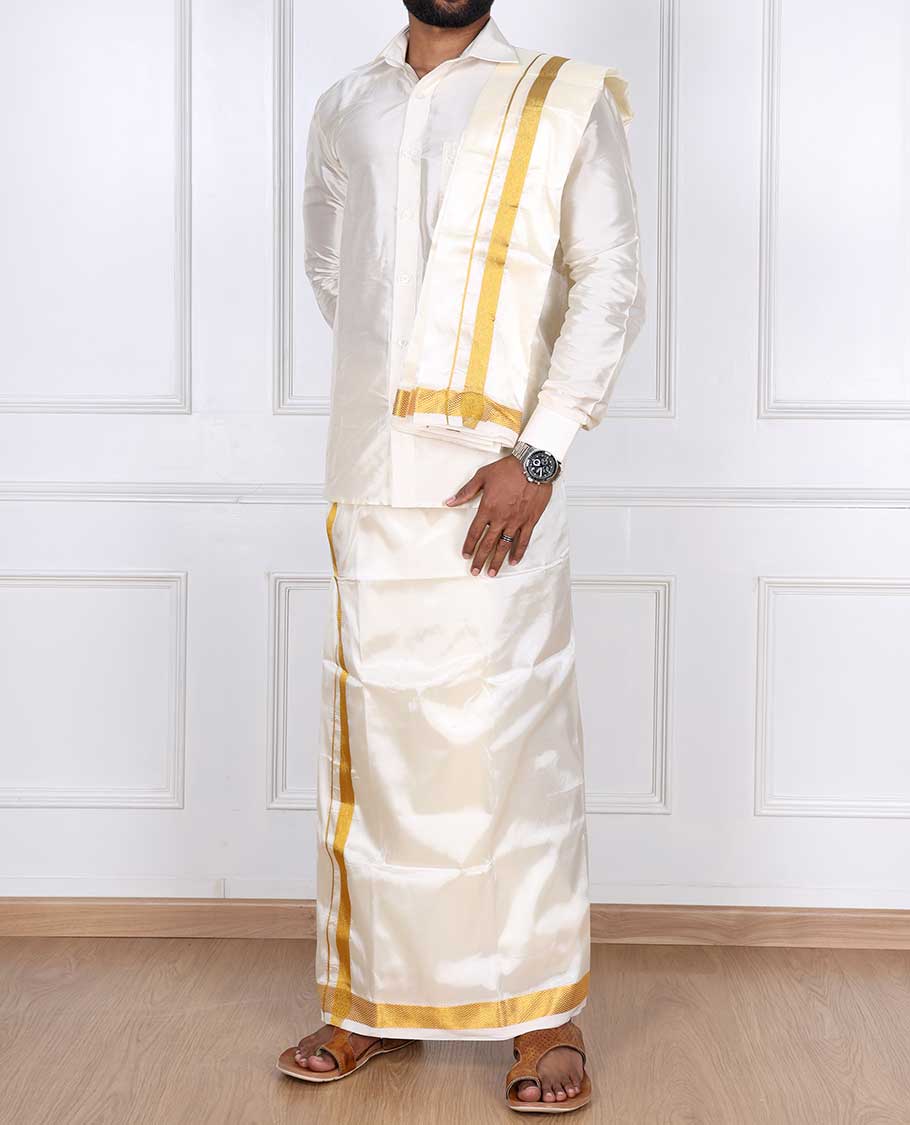 Butter cream art silk gold zari border double-layer dhoti & angavastram