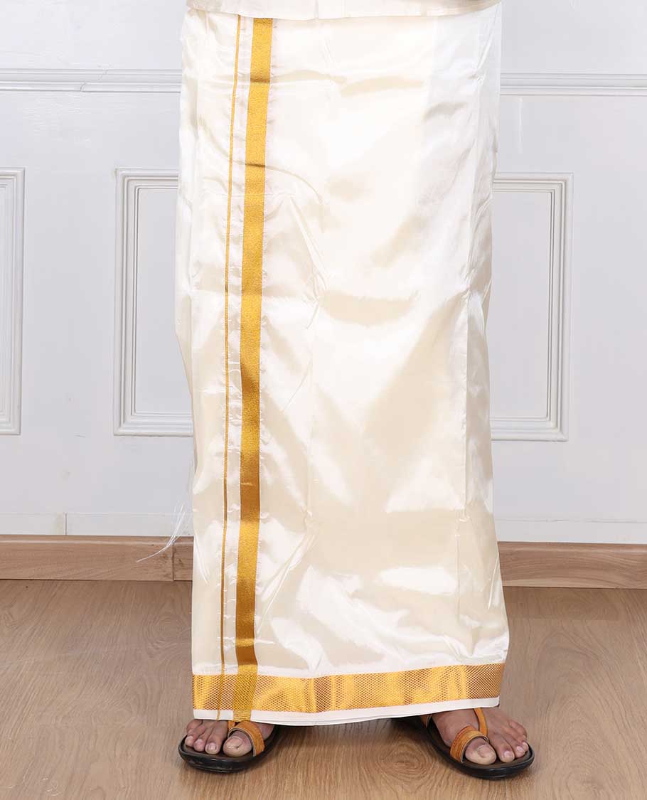 Cream art silk gold zari border double-layer dhoti & angavastram