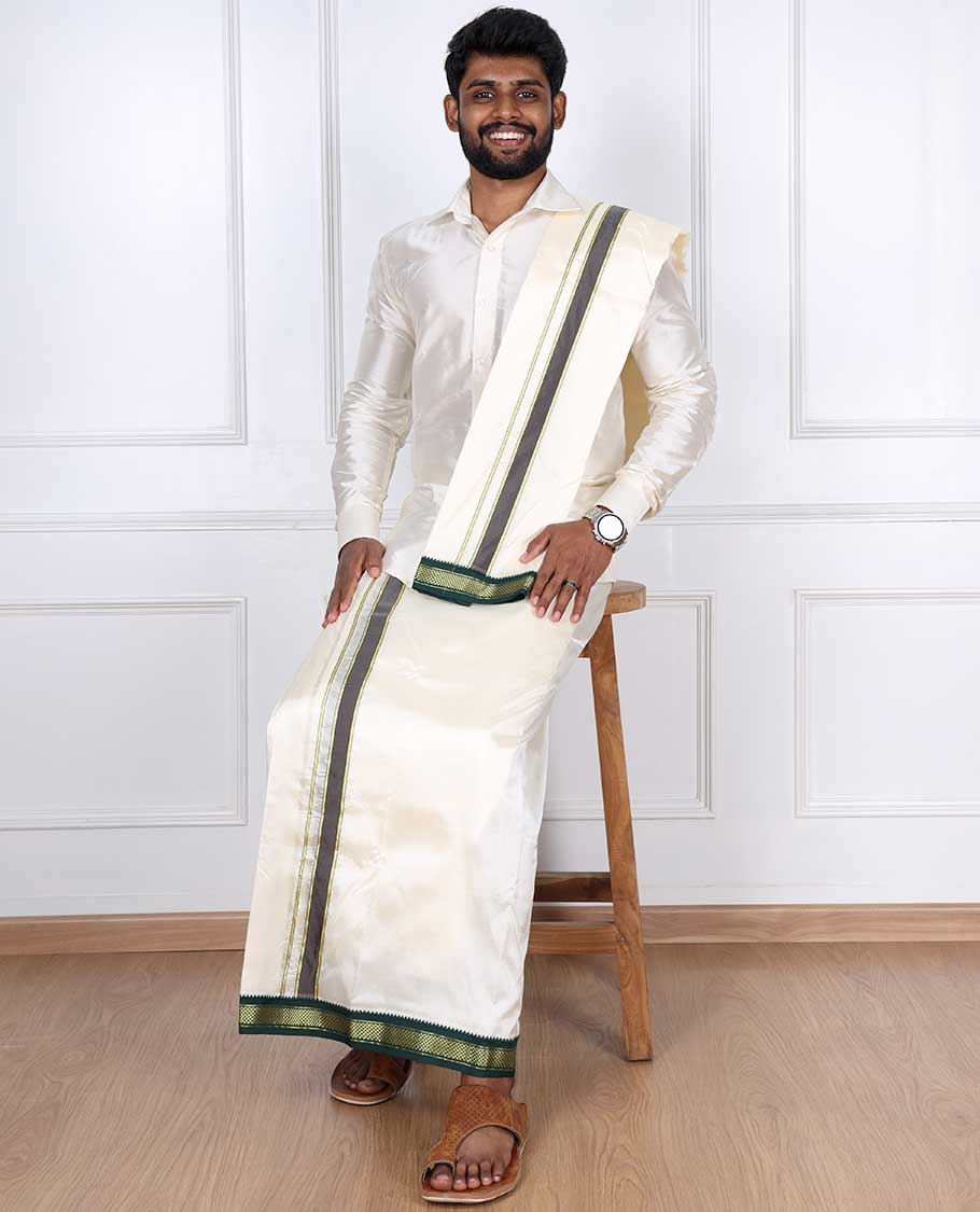 Cream art silk double-layer dhoti & angavastram with contrast traditional border