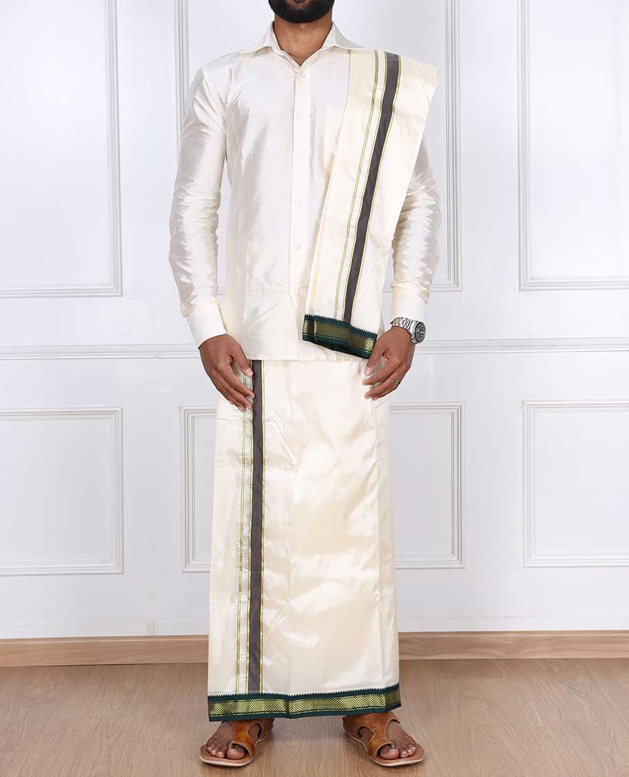 Cream art silk double-layer dhoti & angavastram with contrast traditional border