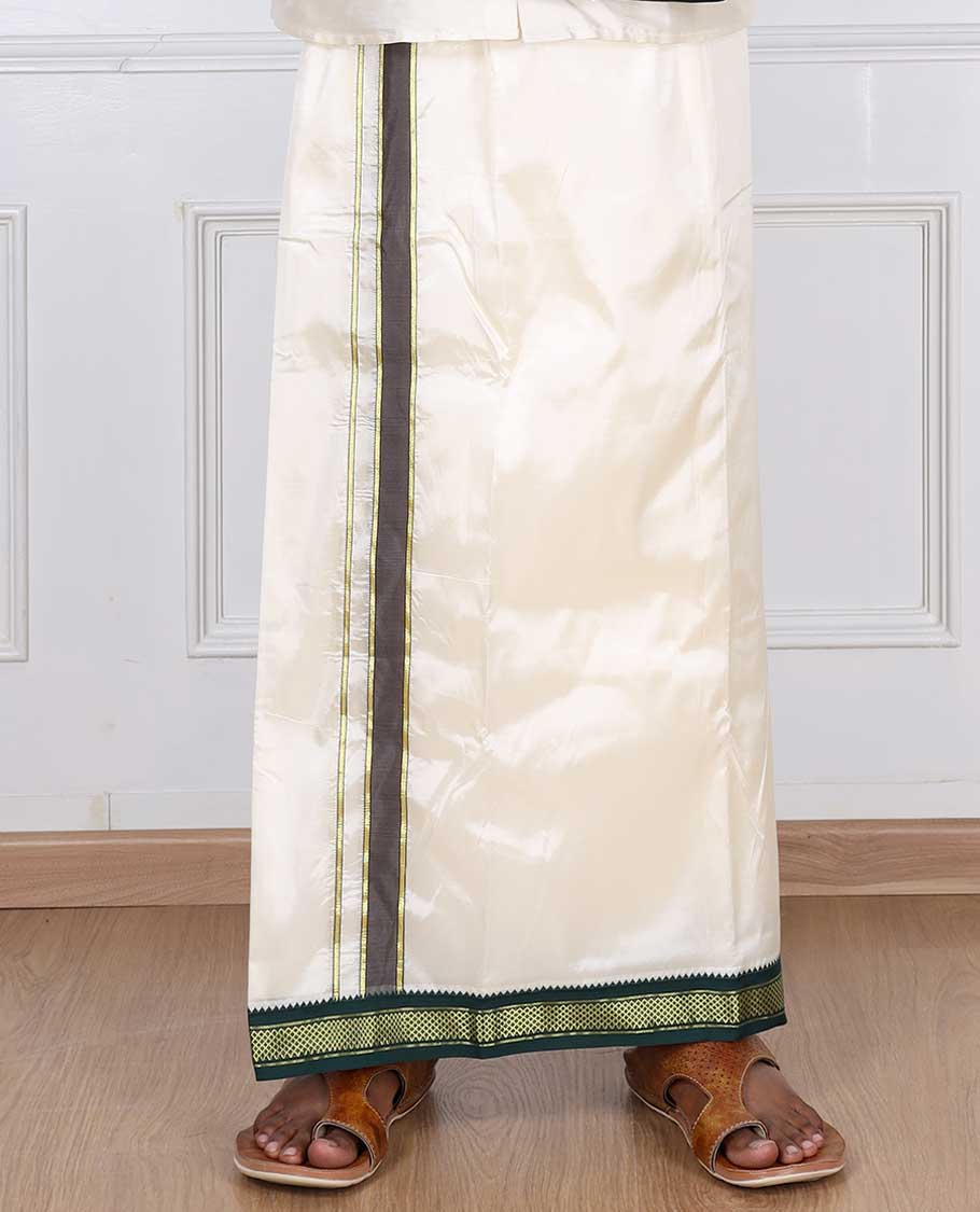 Cream art silk double-layer dhoti & angavastram with contrast traditional border
