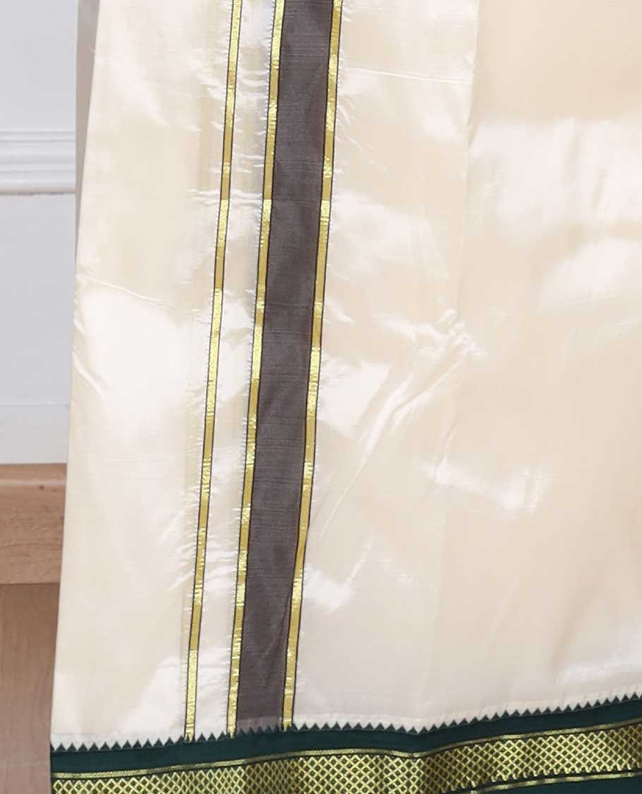 Cream art silk double-layer dhoti & angavastram with contrast traditional border
