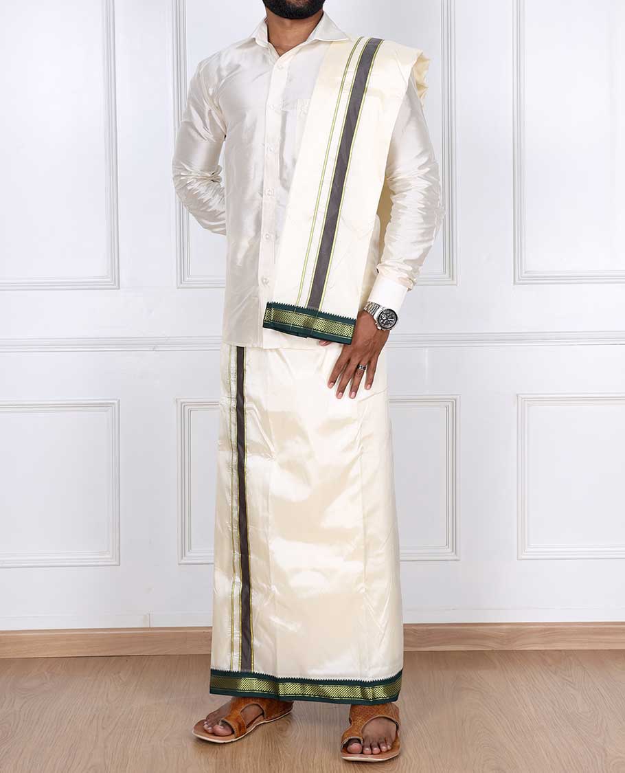 Cream art silk double-layer dhoti & angavastram with contrast traditional border