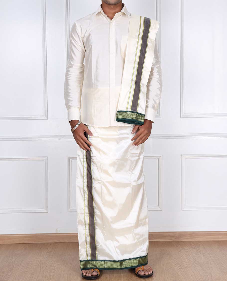 Cream art silk double-layer dhoti & angavastram with contrast traditional border