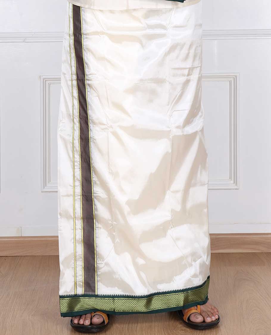 Cream art silk double-layer dhoti & angavastram with contrast traditional border