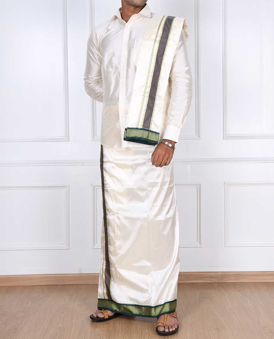 Cream art silk double-layer dhoti & angavastram with contrast traditional border